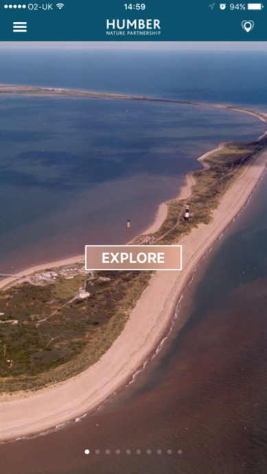 The Humber Nature Partnership app main page, showing areal footage of Spurn point.