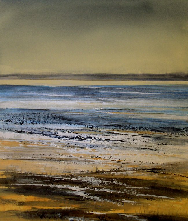 Painted imagine of the tide coming in over mud flats.
