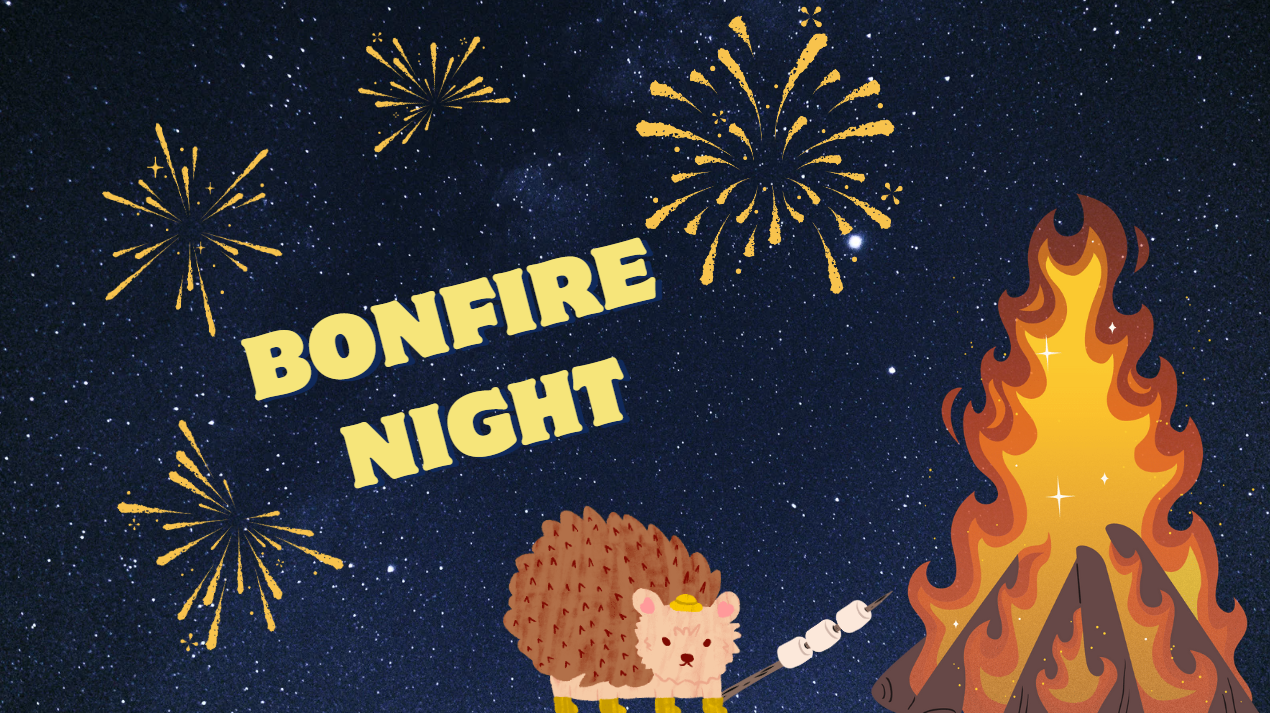 Bonfire Night poster, with a hedgehog roasting marshmallows on the fire.