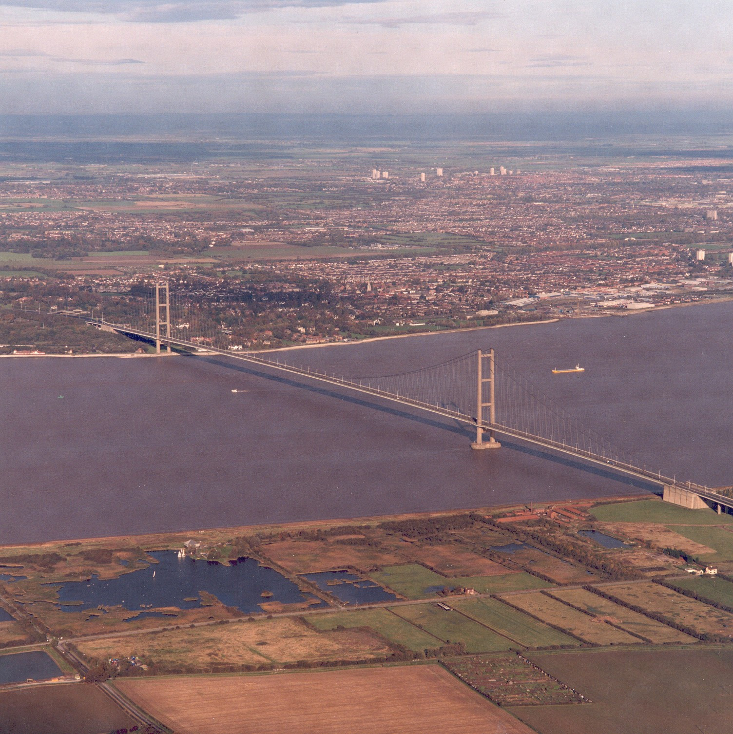 Areal view of the Humber bridge and surrounding area.