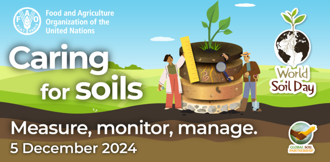 The Food and Agriculture Organization of the United Nations poster. Shows two animated chatacters inspectiong different soil layers with plants, insects, sand and rock on different levels. The text on the poster says 